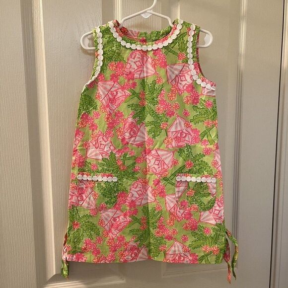 Lilly Pulitzer Shift Dress Palm Trees Floral Tents Pink Green Girls Size 5 - Picture 1 of 15